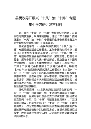 县民政局开展兴“十风”治“十弊”专题集中学习研讨发言材料