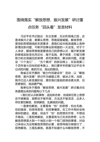 围绕落实“解放思想、振兴发展”研讨重点任务“回头看”发言材料