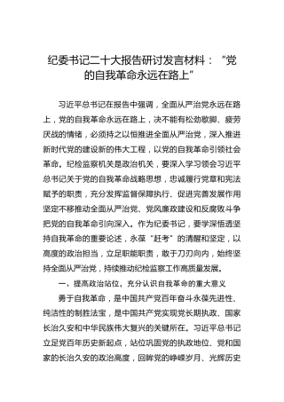 纪委书记二十大报告研讨发言材料：“党的自我革命永远在路上”