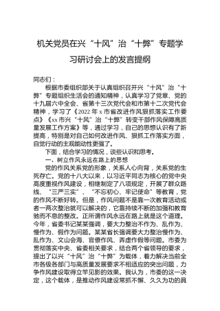 机关党员在兴“十风”治“十弊”专题学习研讨会上的发言提纲