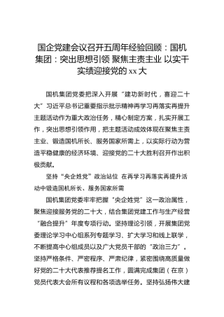 国企党建会议召开五周年经验回顾：突出思想引领聚焦主责主业以实干实绩迎接党的xx大