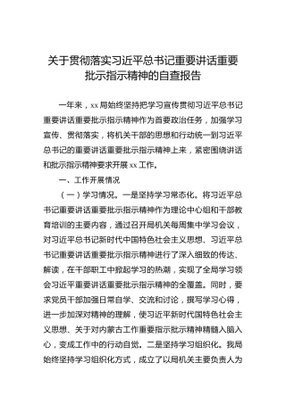关于贯彻落实习近平总书记重要讲话重要批示指示精神的自查报告