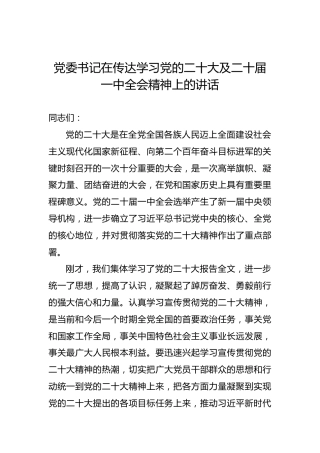 党委书记在传达学习党的二十大及二十届一中全会精神上的讲话
