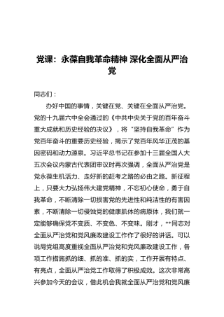 党课：永葆自我革命精神深化全面从严治党