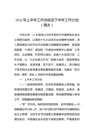2022年上半年工作总结及下半年工作计划（镇乡）