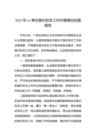 2022年xx单位意识形态工作开展情况自查报告