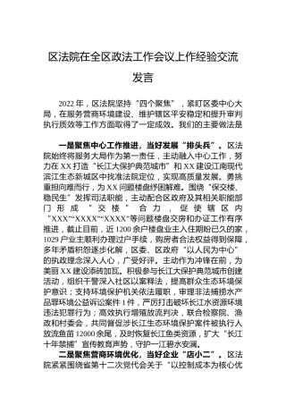 区法院在全区政法工作会议上作经验交流发言
