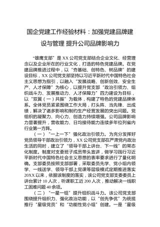 国企党建工作经验材料：加强党建品牌建设与管理提升公司品牌影响力