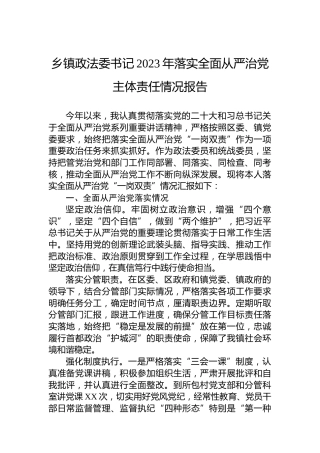乡镇政法委书记2023年落实全面从严治党主体责任情况报告