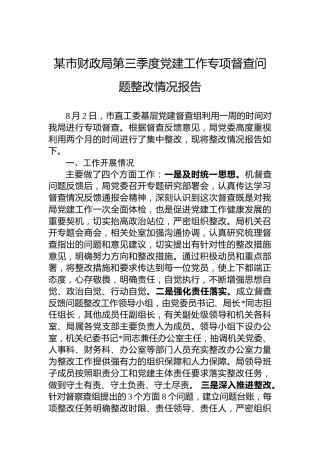 某市财政局第三季度党建工作专项督查问题整改情况报告