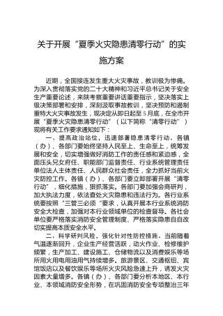 关于开展“夏季火灾隐患清零行动”的实施方案
