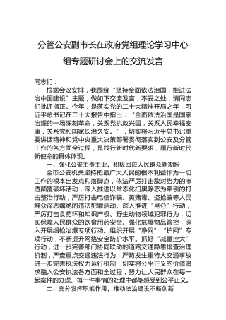 分管公安副市长在政府党组理论学习中心组专题研讨会上的交流发言
