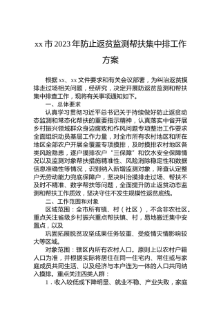 xx市2023年防止返贫监测帮扶集中排工作方案
