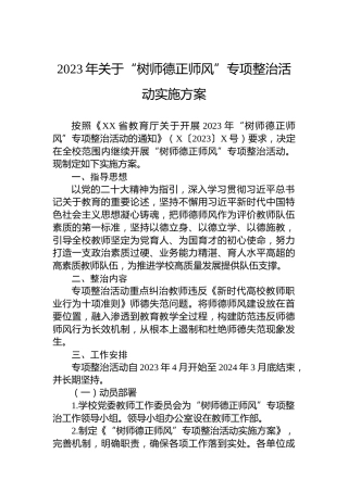2023年关于“树师德正师风”专项整治活动实施方案