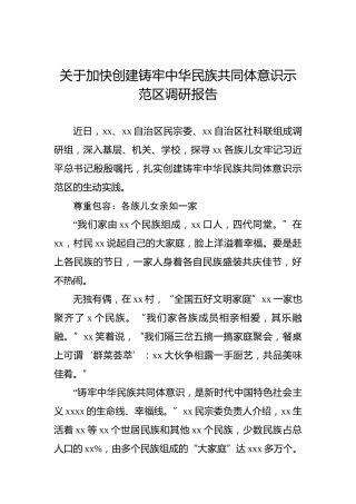关于加快创建铸牢中华民族共同体意识示范区调研报告