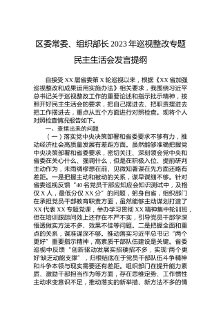 区委常委、组织部长2023年巡视整改专题民主生活会发言提纲