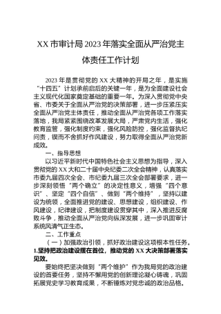 XX市审计局2023年落实全面从严治党主体责任工作计划