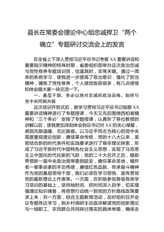 县长在常委会理论中心组忠诚捍卫“两个确立”专题研讨交流会上的发言