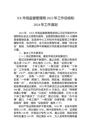XX市场监督管理局2023年工作总结和2024年工作谋划