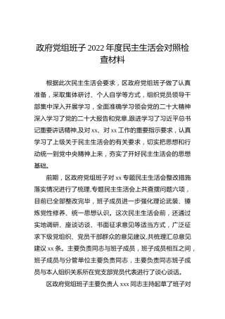政府党组班子2022年度民主生活会对照检查材料