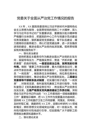 党委关于全面从严治党工作情况的报告