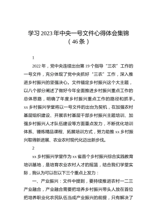 学习2023年中央一号文件心得体会集锦（46条）