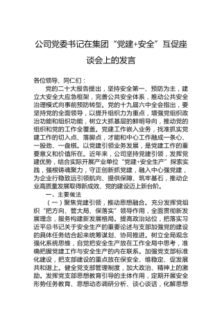 公司党委书记在集团“党建安全”互促座谈会上的发言