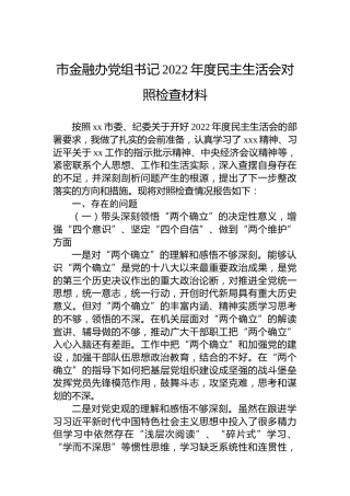 市金融办党组书记2022年度民主生活会对照检查材料