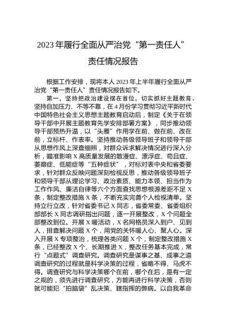 2023年履行全面从严治党“第一责任人”责任情况报告