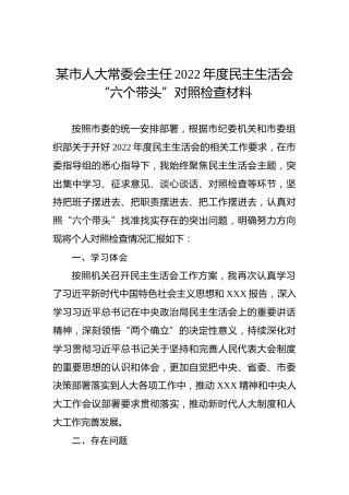 某市人大常委会主任2022年度民主生活会“六个带头”对照检查材料
