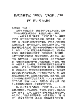 县政法委书记“讲规矩、守纪律、严律已”研讨发言材料