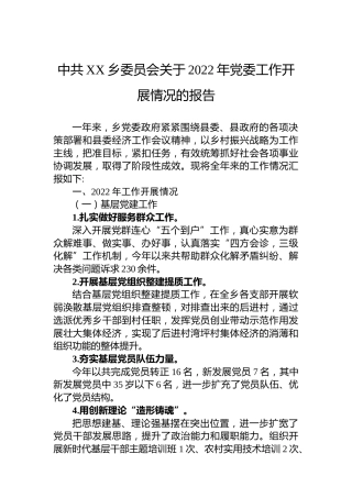 中共XX乡委员会关于2022年党委工作开展情况的报告