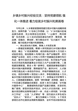 乡镇乡村振兴经验交流：坚持党建领航强化一体推进着力绘就乡村振兴和美画卷