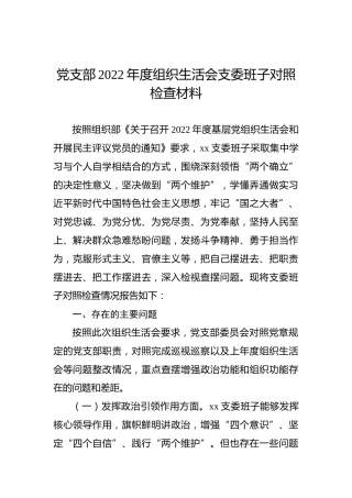 党支部2022年度组织生活会支委班子对照检查材料