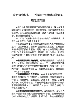 政治督查材料：“党建”品牌赋动能履职增效谱新篇