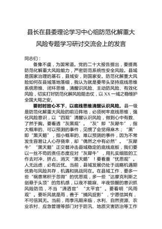 县长在县委理论学习中心组防范化解重大风险专题学习研讨交流会上的发言
