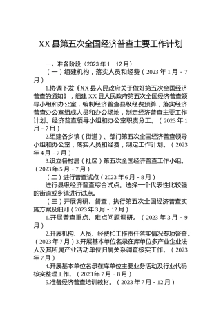 XX县第五次全国经济普查主要工作计划