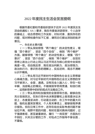 2022年度民主生活会发言提纲1