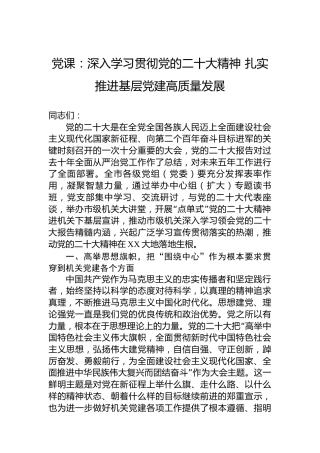 党课：深入学习贯彻党的二十大精神扎实推进基层党建高质量发展