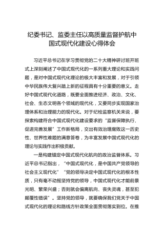 纪委书记、监委主任以高质量监督护航中国式现代化建设心得体会