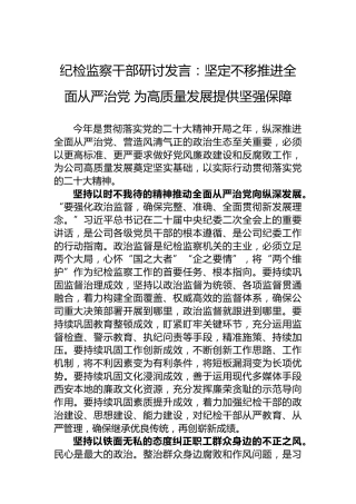 纪检监察干部研讨发言：坚定不移推进全面从严治党为高质量发展提供坚强保障