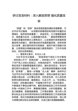 研讨发言材料：深入解放思想强化质量效率