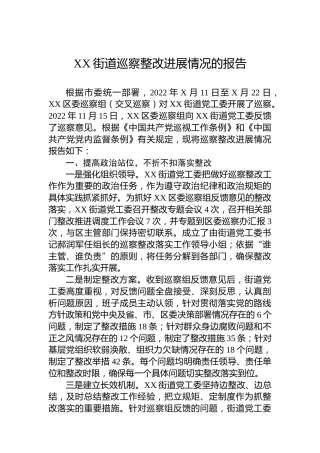 XX街道巡察整改进展情况的报告