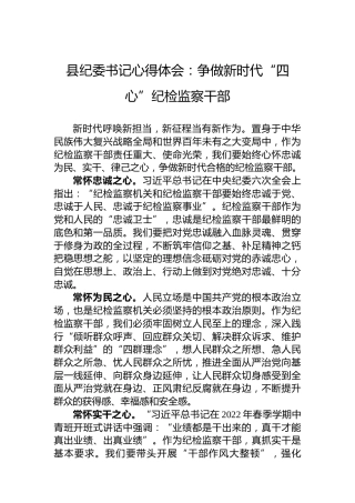 县纪委书记心得体会：争做新时代“四心”纪检监察干部