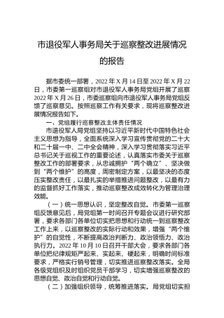 市退役军人事务局关于巡察整改进展情况的报告