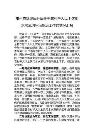 市生态环境局分局关于农村千人以上饮用水水源地环境整治工作的情况汇报