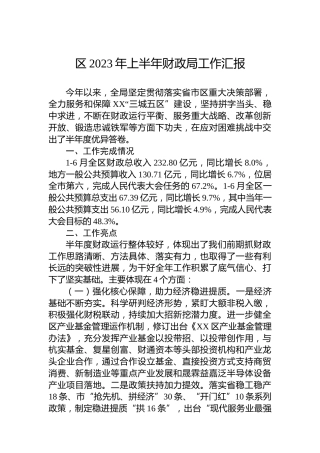 区2023年上半年财政局工作汇报