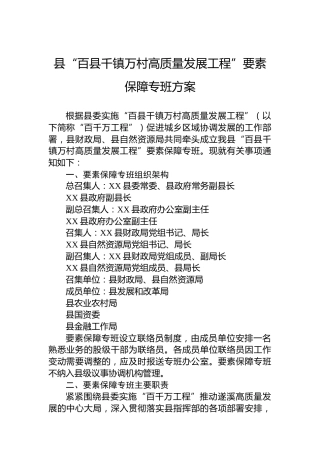 县“百县千镇万村高质量发展工程”要素保障专班方案