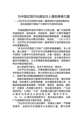 为中国式现代化建设注入蓬勃青春力量——习近平总书记同团中央新一届领导班子成员的集体谈话在湖南团干部和广大青年中引发热烈反响