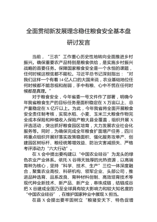 全面贯彻新发展理念稳住粮食安全基本盘研讨发言